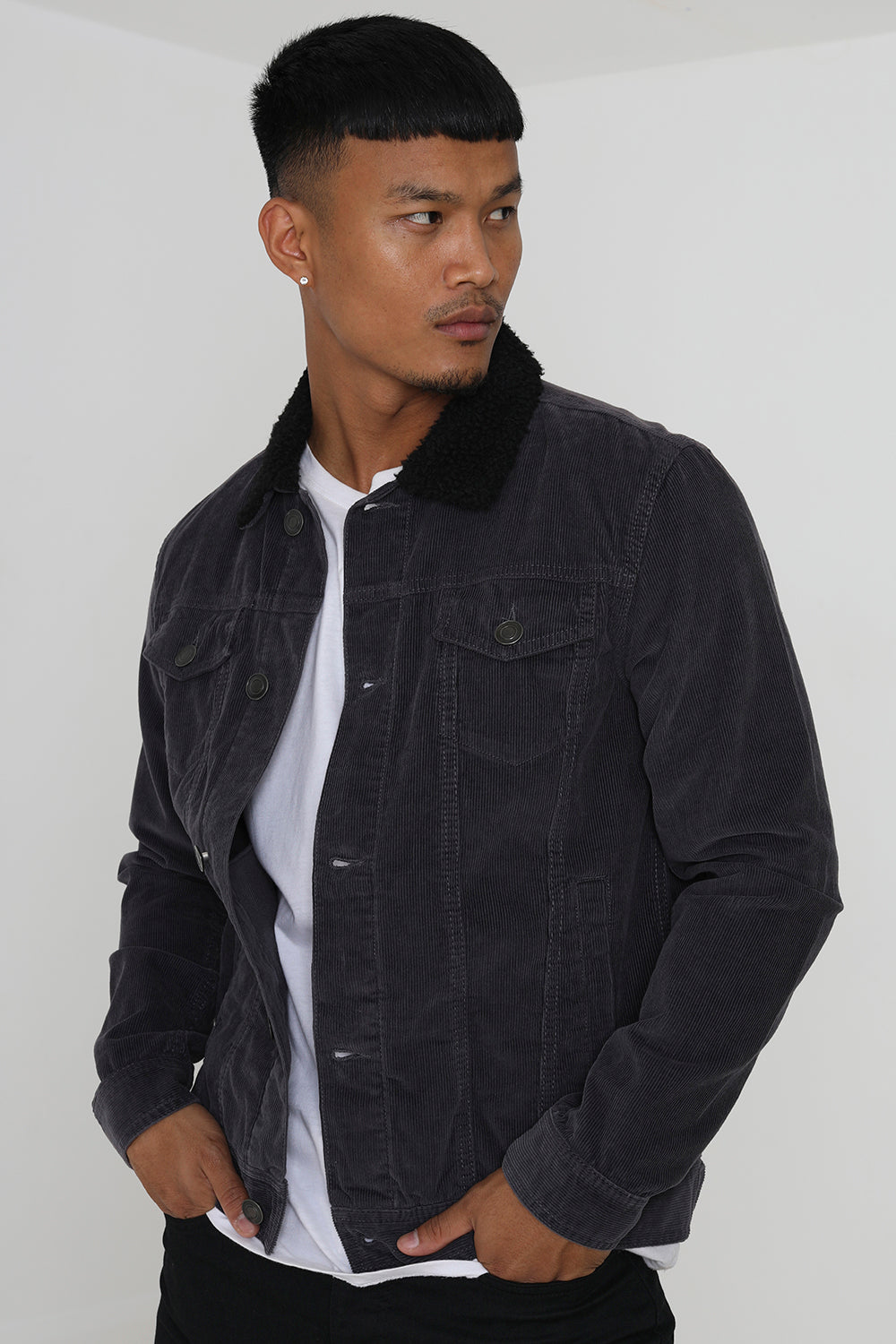 Brave Soul Grey Borg Collar Cord Jacket - Grey Image 3