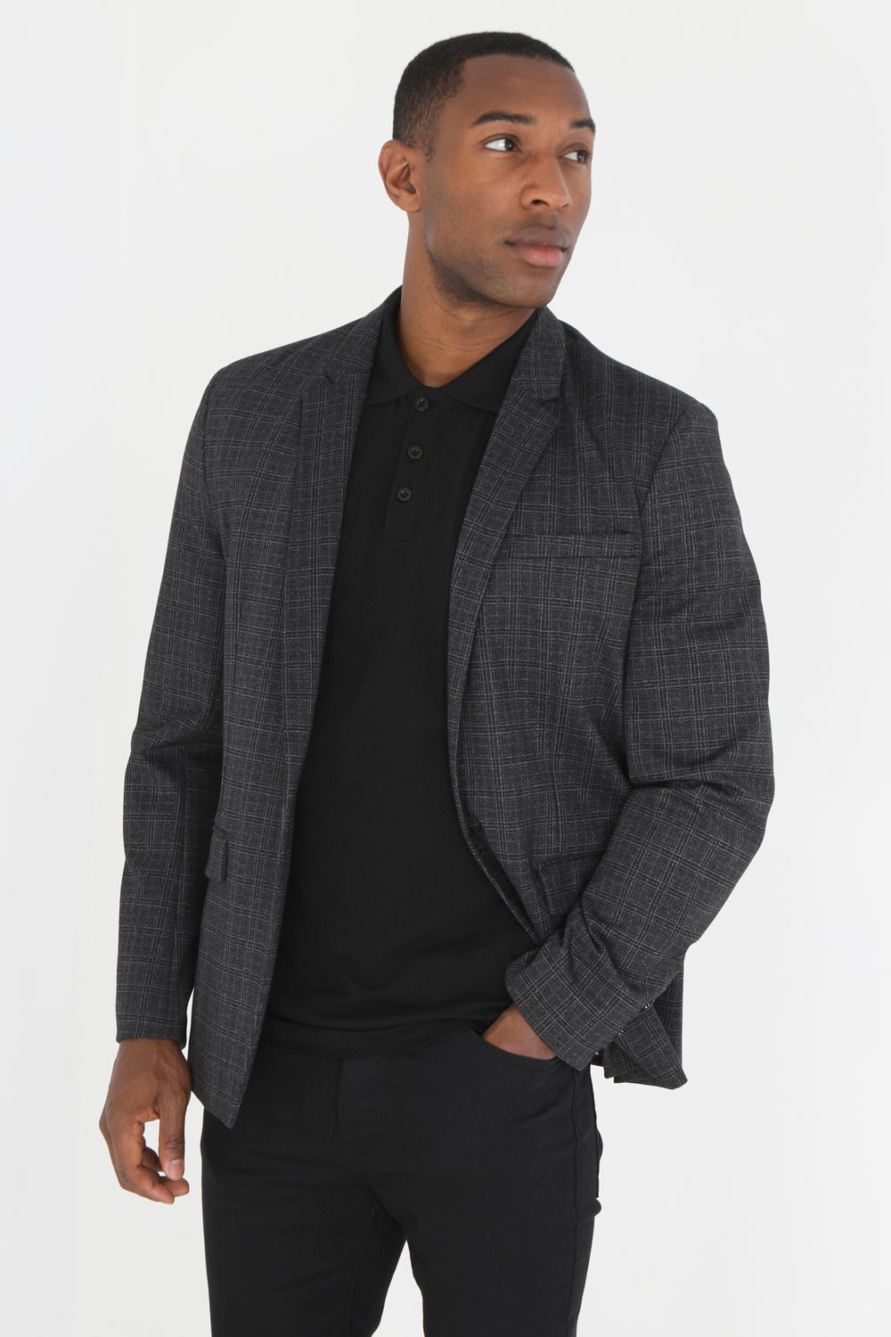 Brave Soul Dark Grey Single-Breasted Check Blazer - Dark Grey Image 1