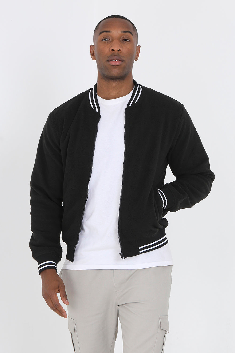Brave Soul Black Zip Through Fleece Bomber Jacket - Black Image 1