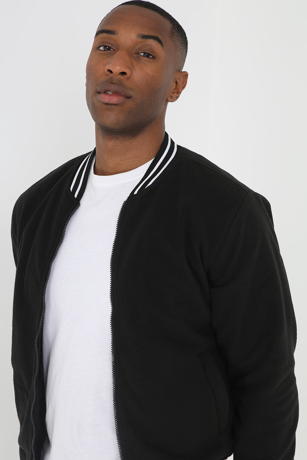 Brave Soul Black Zip Through Fleece Bomber Jacket - Black Image 3