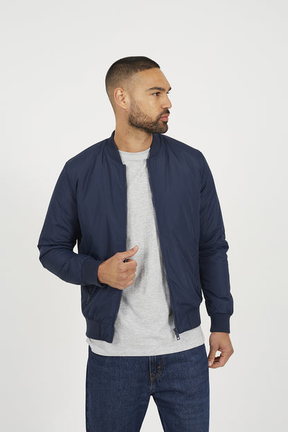 Brave Soul Navy Collarless Bomber Zip-Up Jacket - Navy Image 1