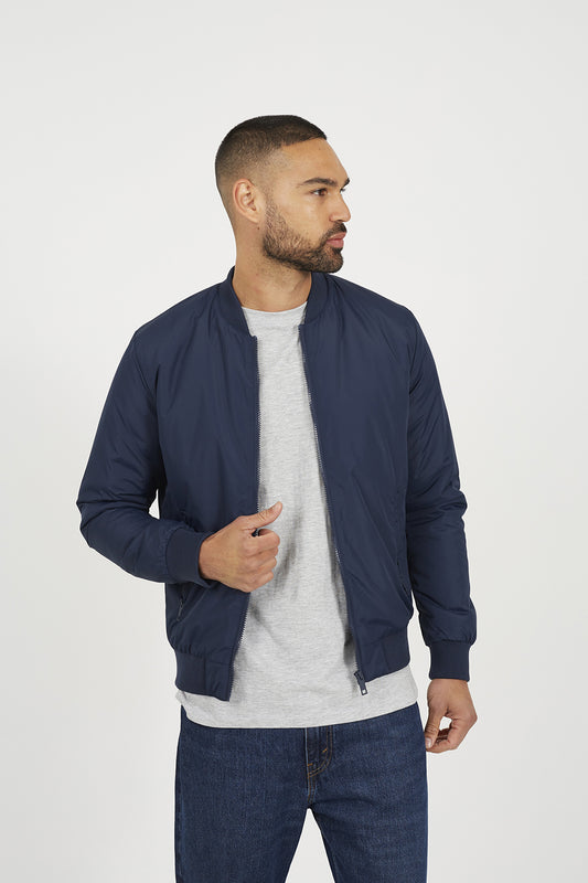 Brave Soul Navy Collarless Bomber Zip-Up Jacket - Navy Image 1