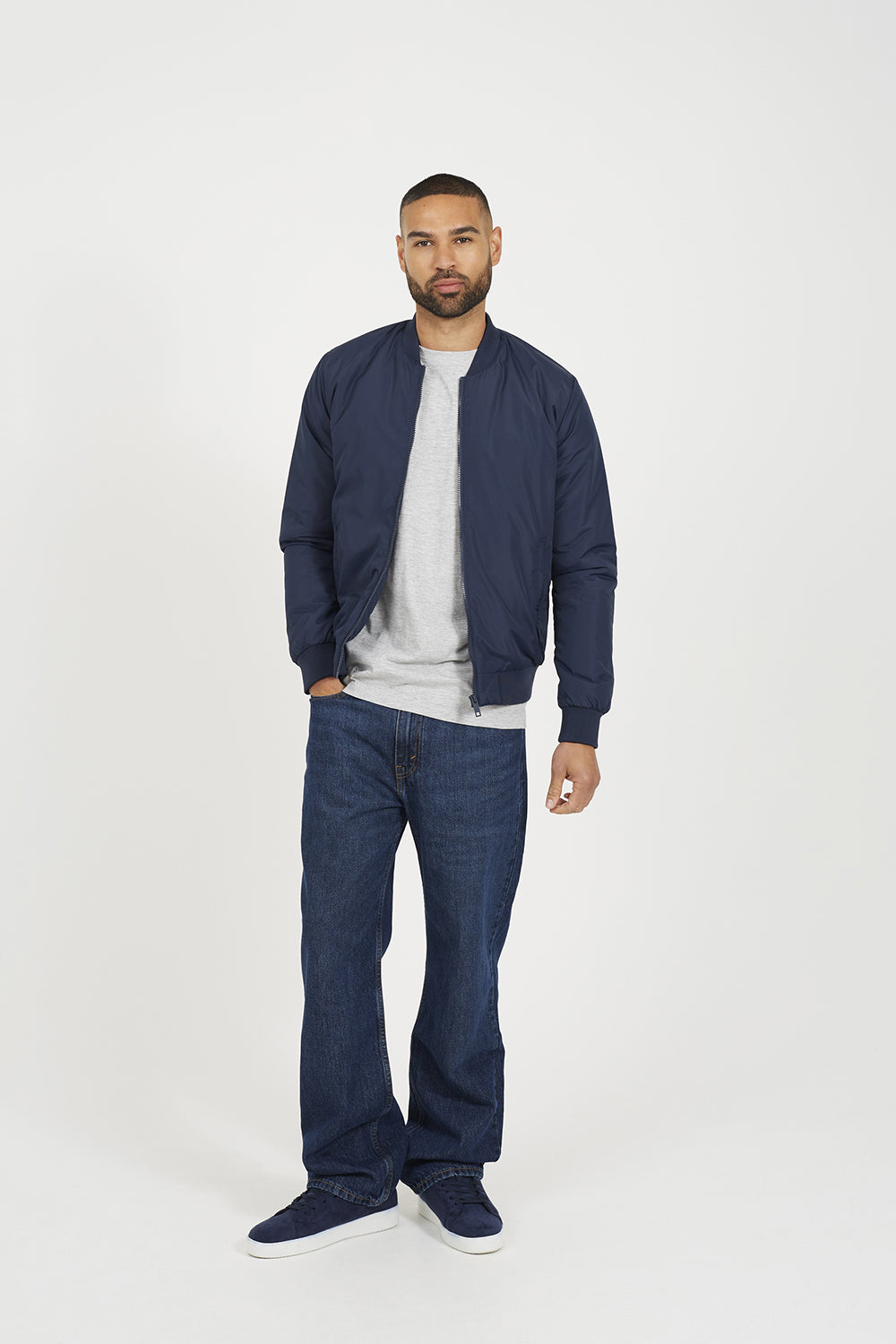 Brave Soul Navy Collarless Bomber Zip-Up Jacket - Navy Image 3