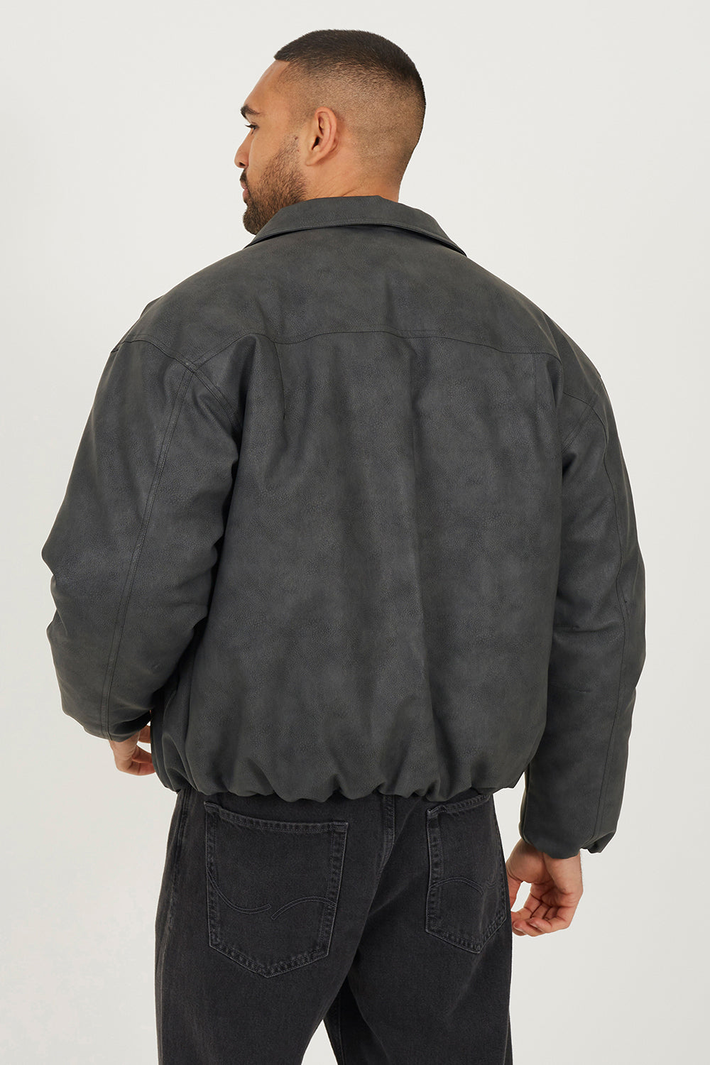 Brave Soul Charcoal Oversized Padded Faux Leather Jacket - Charcoal Image 2