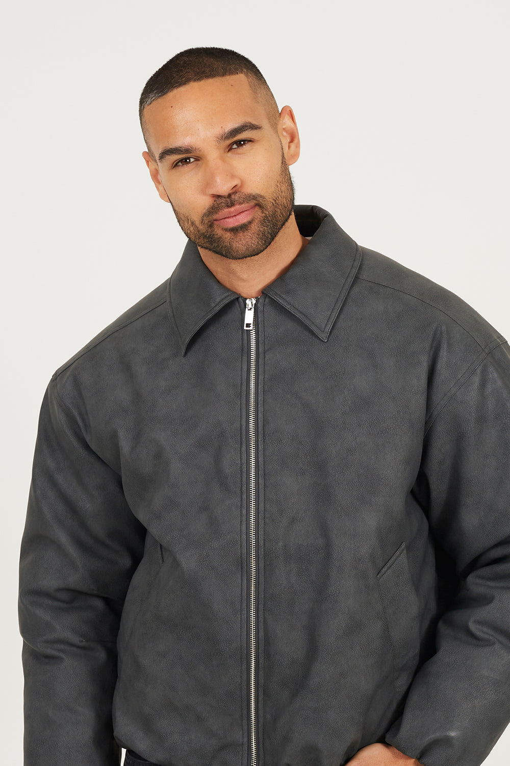 Brave Soul Charcoal Oversized Padded Faux Leather Jacket - Charcoal Image 4