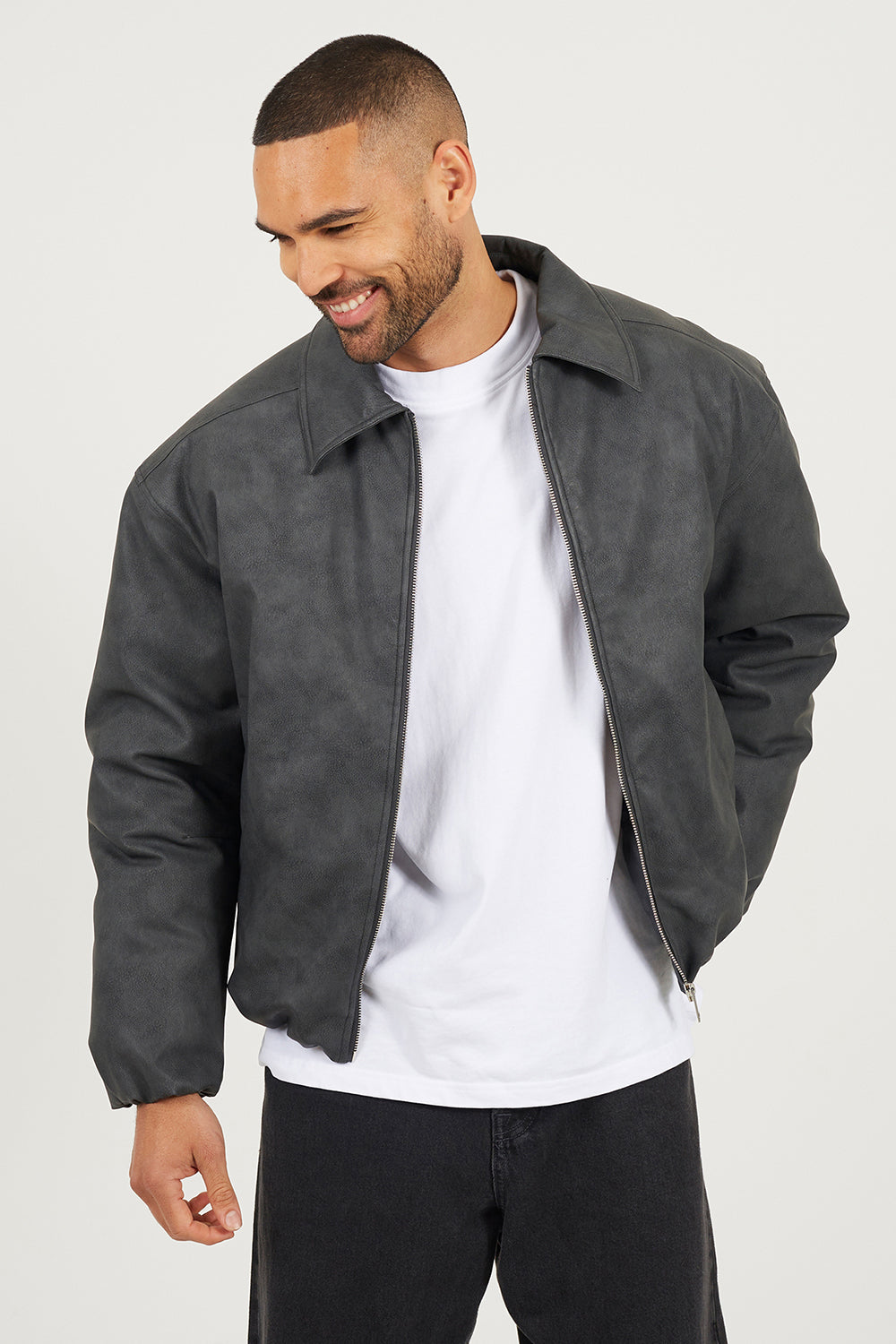 Brave Soul Charcoal Oversized Padded Faux Leather Jacket - Charcoal Image 1
