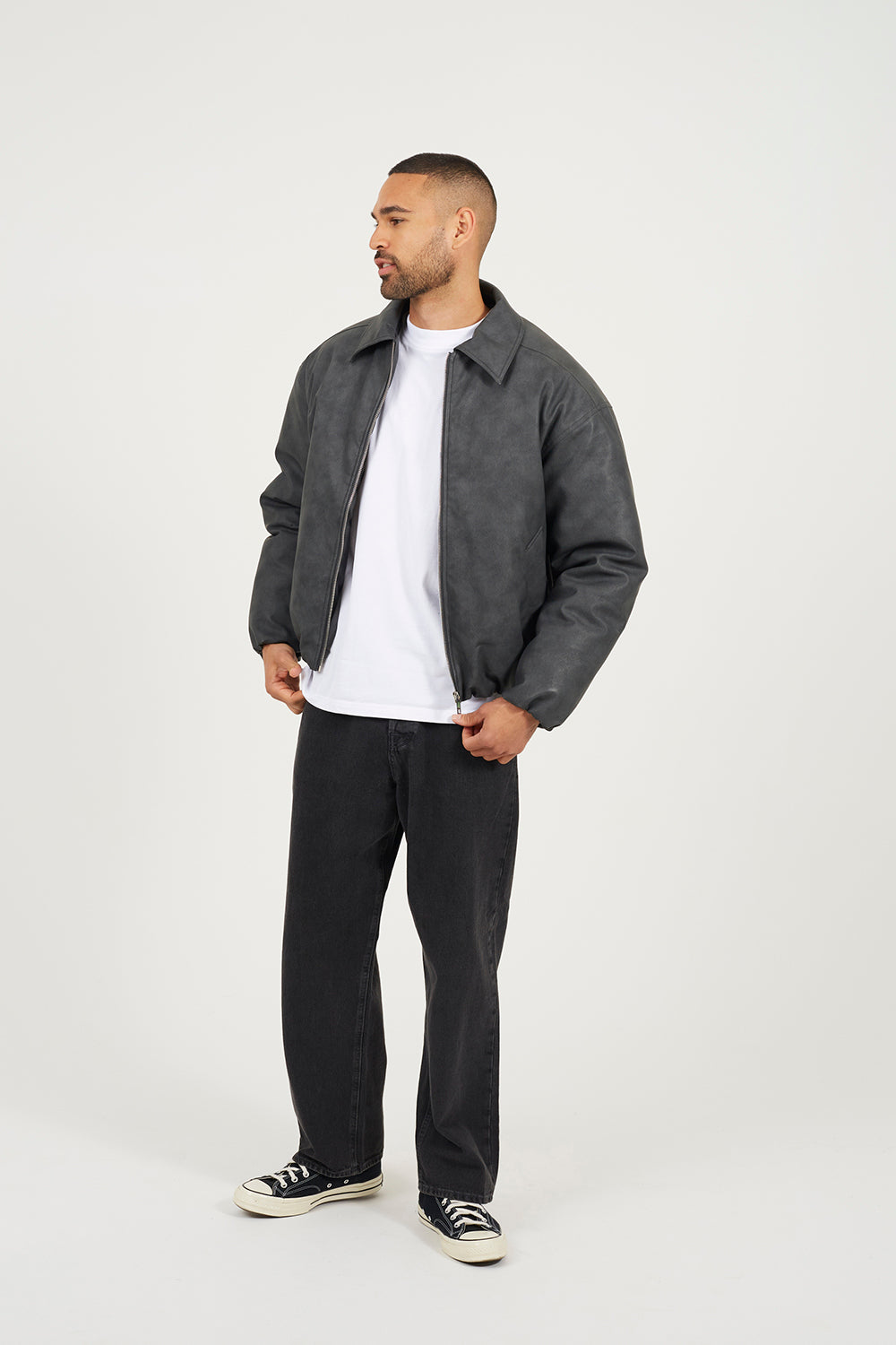 Brave Soul Charcoal Oversized Padded Faux Leather Jacket - Charcoal Image 3
