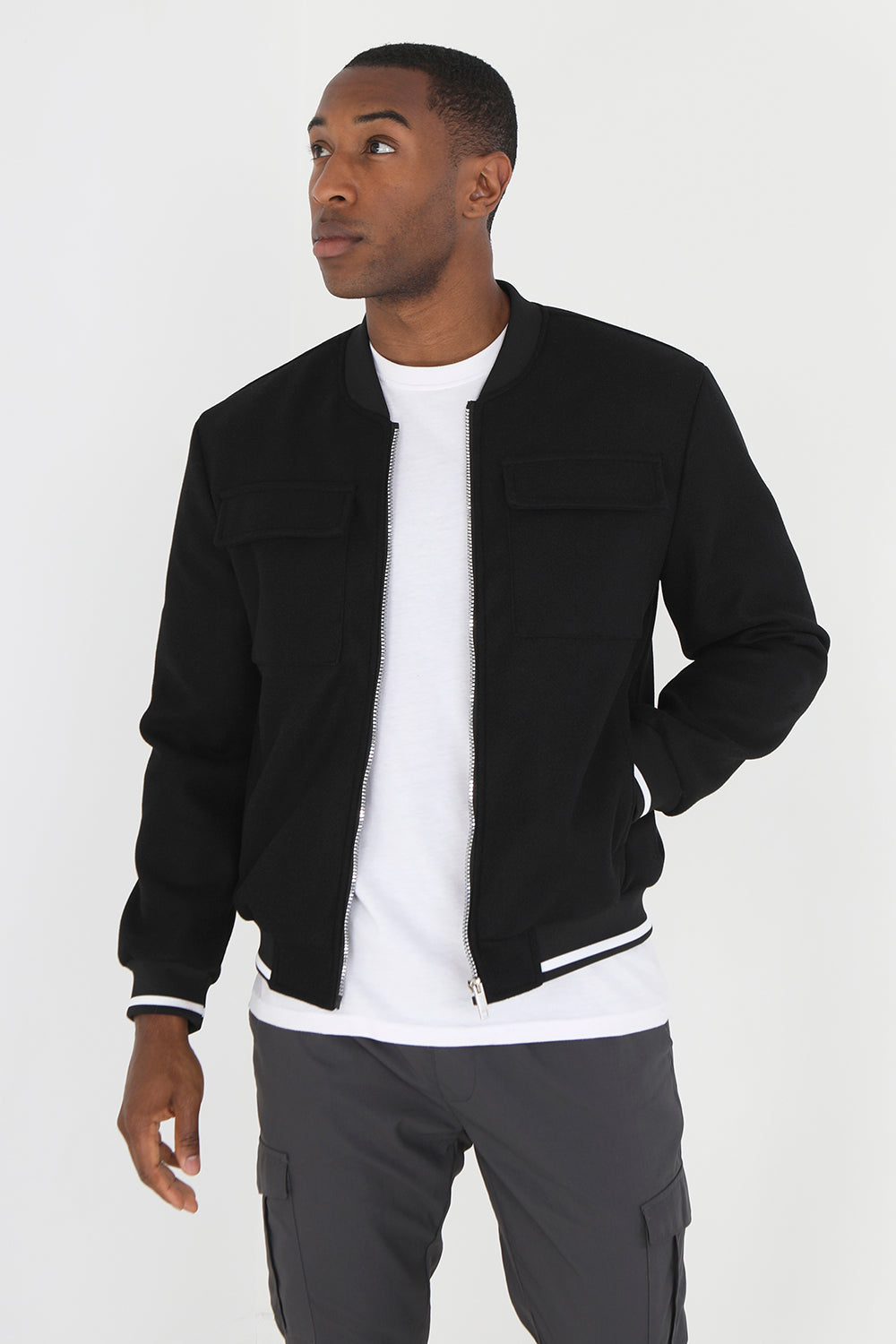 Brave Soul Black Faux Wool Bomber Jacket - Black Image 1
