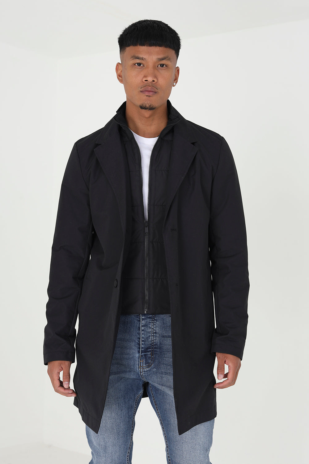 Brave Soul Black Single Breasted Mac With Mock Layer - Black Image 1
