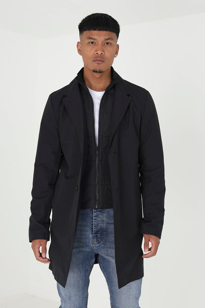 Brave Soul Black Single Breasted Mac With Mock Layer - Black Image 1