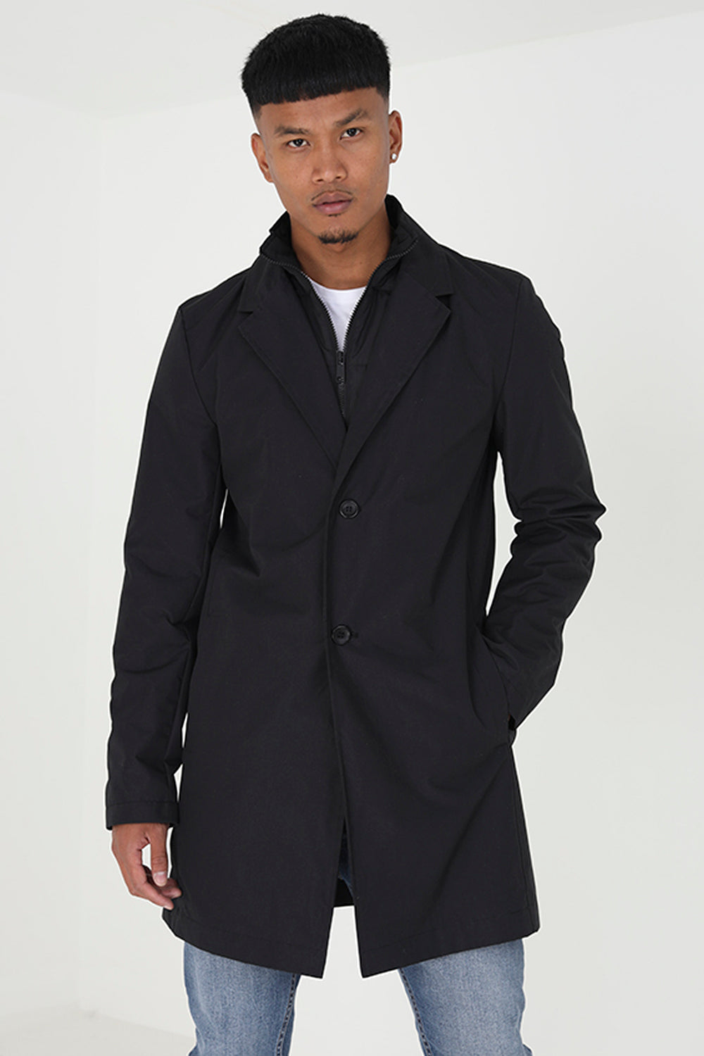 Brave Soul Black Single Breasted Mac With Mock Layer - Black Image 3