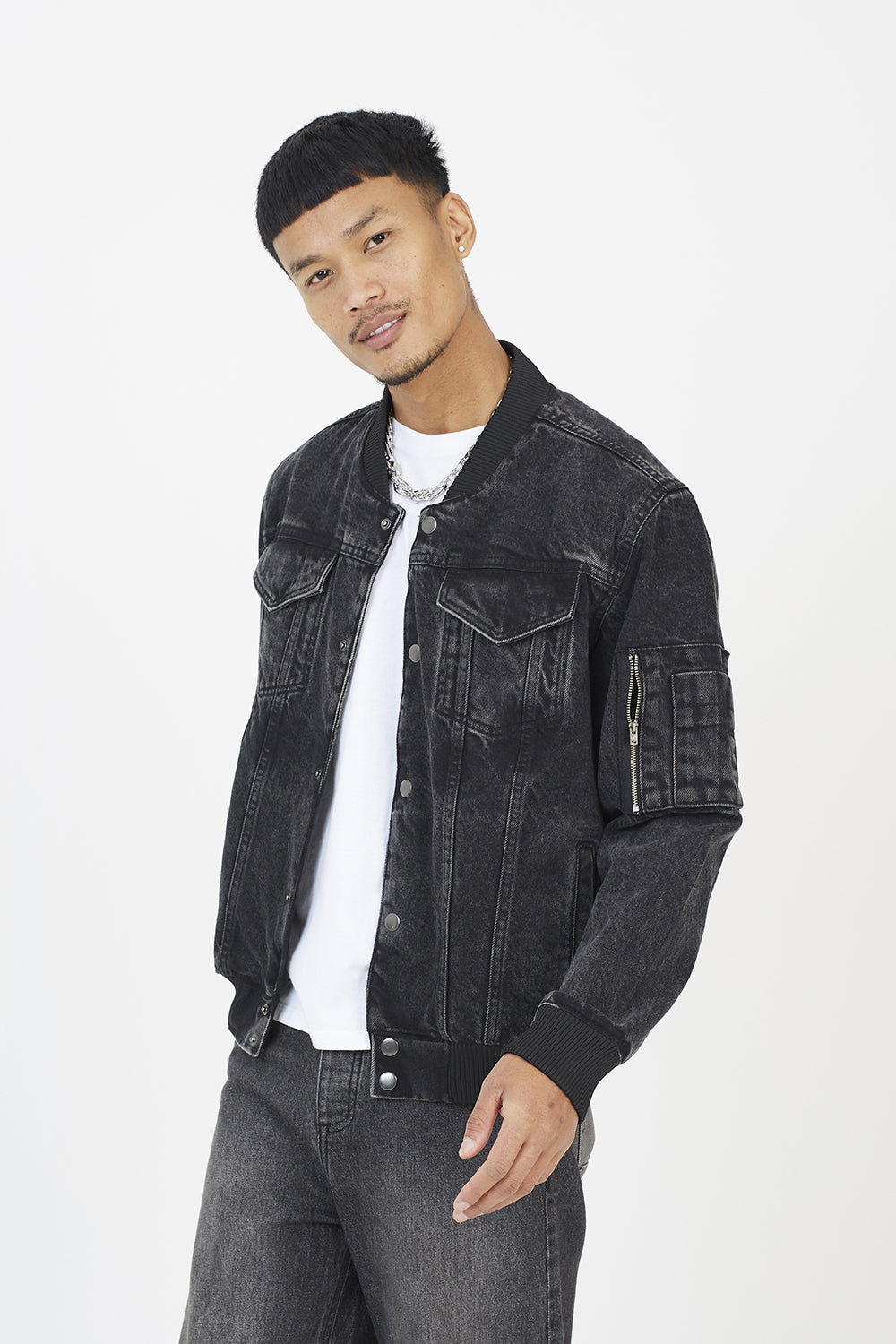 Brave Soul Black Washed Denim Bomber Jacket - Black Image 1