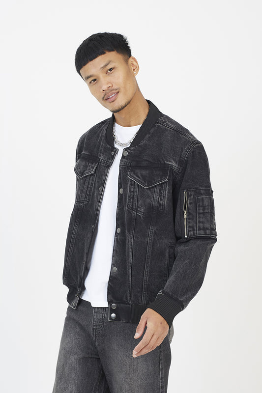 Brave Soul Black Washed Denim Bomber Jacket - Black Image 1