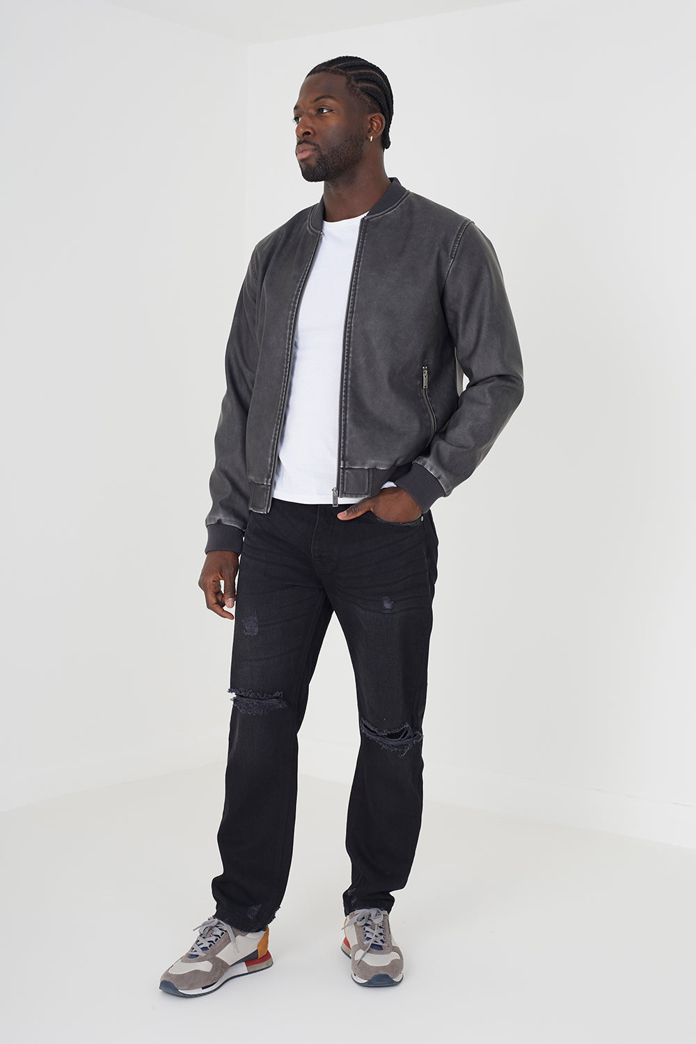 Brave Soul Black PU Bomber Jacket - Black Image 3