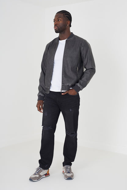 Brave Soul Black PU Bomber Jacket - Black Image 3