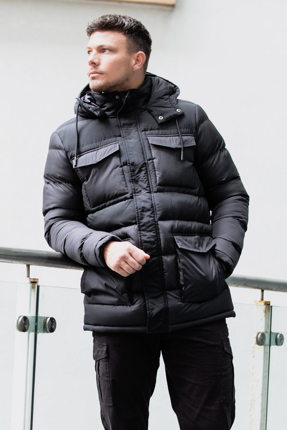Brave Soul Black Mixed Fabric Hooded Puffer Parka Jacket - Black Image 1