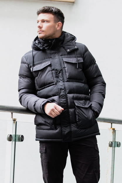 Brave Soul Black Mixed Fabric Hooded Puffer Parka Jacket - Black Image 1