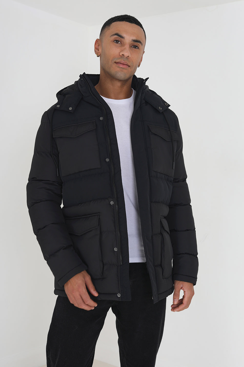 Brave Soul Black Mixed Fabric Hooded Puffer Parka Jacket - Black Image 2