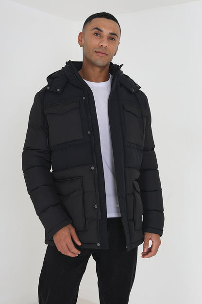 Brave Soul Black Mixed Fabric Hooded Puffer Parka Jacket - Black Image 2