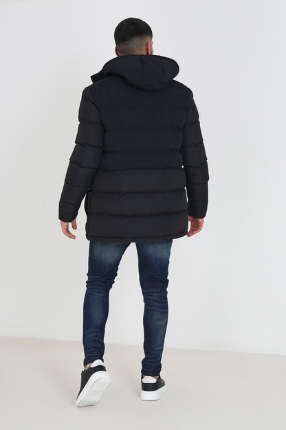 Brave Soul Black Mixed Fabric Hooded Puffer Parka Jacket - Black Image 3