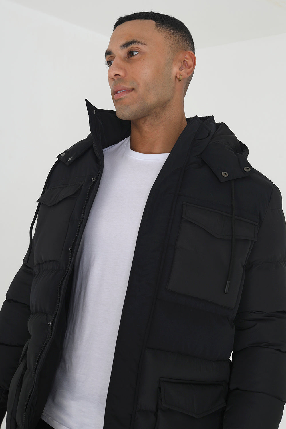 Brave Soul Black Mixed Fabric Hooded Puffer Parka Jacket - Black Image 4