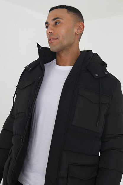 Brave Soul Black Mixed Fabric Hooded Puffer Parka Jacket - Black Image 4