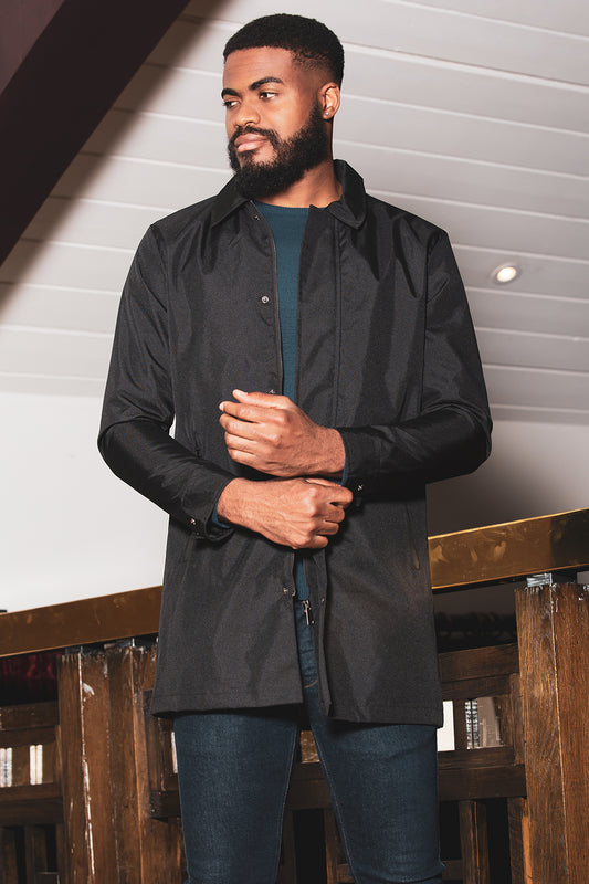 Brave Soul Black Oxford Long Length Zip Through Mac - Black Image 1