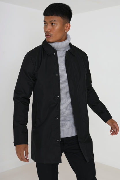 Brave Soul Black Oxford Long Length Zip Through Mac - Black Image 4