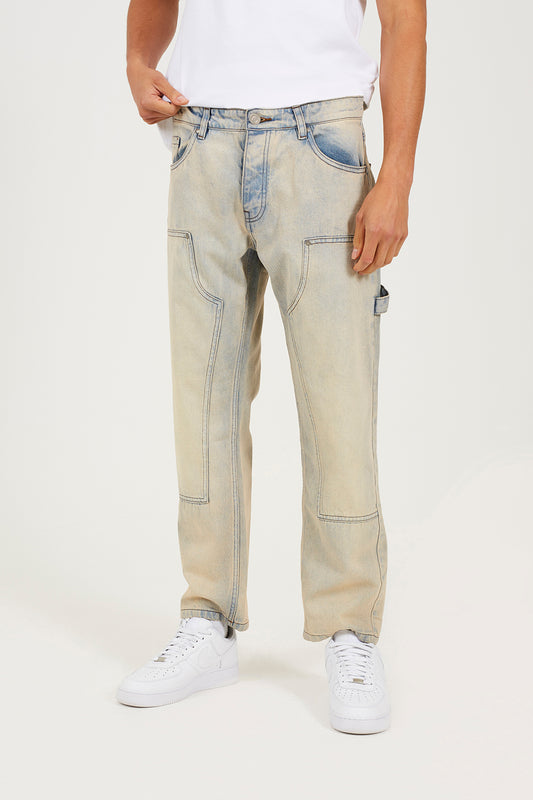 Brave Soul Light Sand Loose Fit Carpenter Style Denim Jeans - Light Sand Image 1