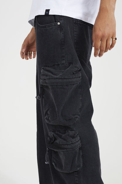 Brave Soul Black Cargo Style Wide Leg Denim Jeans - Black Image 4