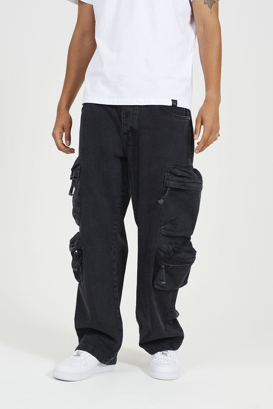 Brave Soul Black Cargo Style Wide Leg Denim Jeans - Black Image 1