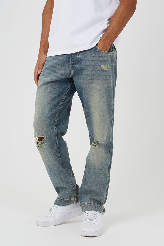 Brave Soul Light Blue Ripped Knee Wide Leg Denim Jeans With Side Hem Split Detail - Light Blue Image 1