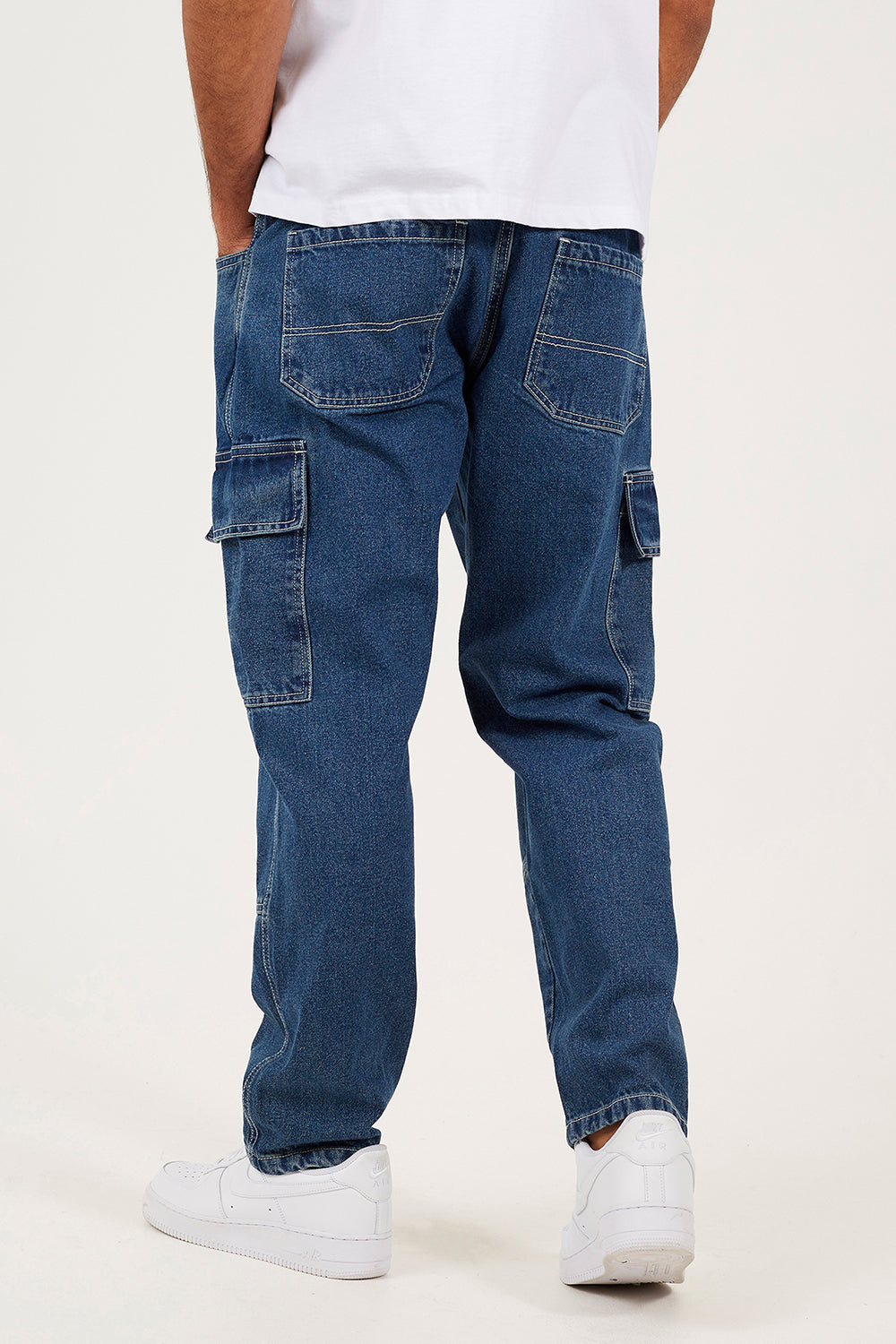 Brave Soul Mid Blue Loose Fit Cargo Style Denim Jeans - Mid Blue Image 2