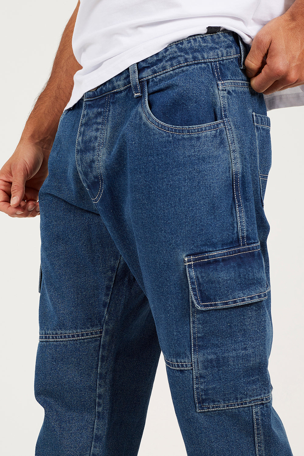 Brave Soul Mid Blue Loose Fit Cargo Style Denim Jeans - Mid Blue Image 4