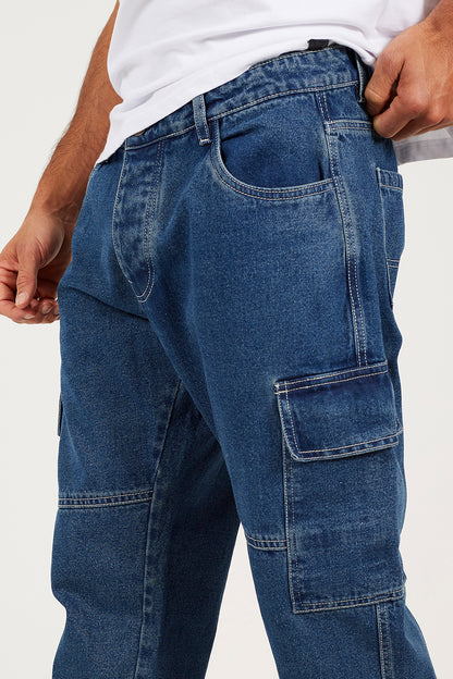 Brave Soul Mid Blue Loose Fit Cargo Style Denim Jeans - Mid Blue Image 4