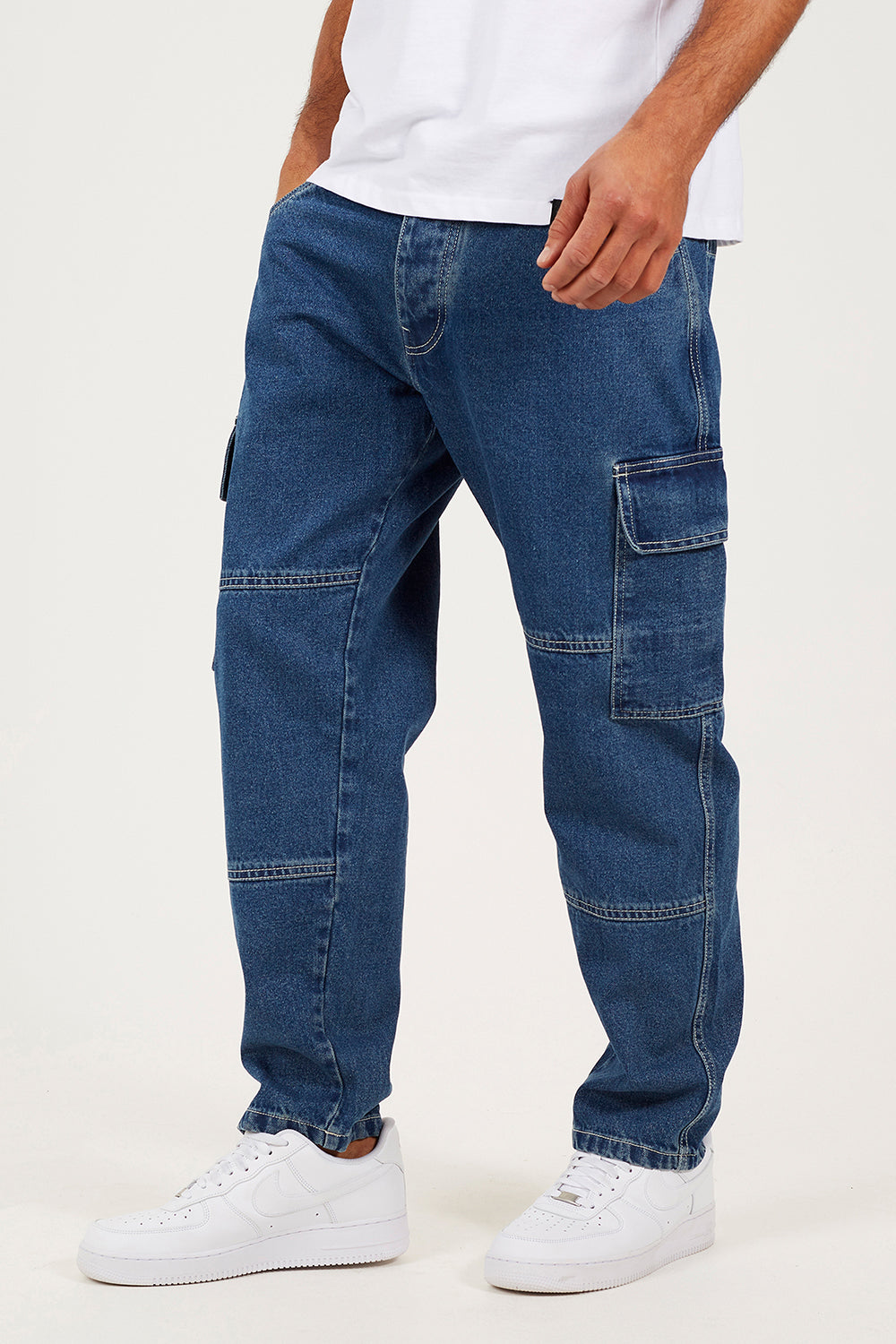 Brave Soul Mid Blue Loose Fit Cargo Style Denim Jeans - Mid Blue Image 1