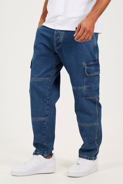 Brave Soul Mid Blue Loose Fit Cargo Style Denim Jeans - Mid Blue Image 1
