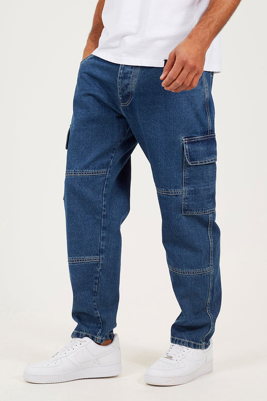 Brave Soul Mid Blue Loose Fit Cargo Style Denim Jeans - Mid Blue Image 1