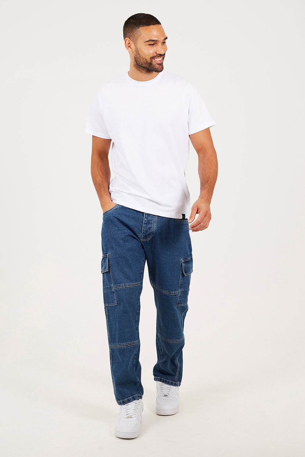 Brave Soul Mid Blue Loose Fit Cargo Style Denim Jeans - Mid Blue Image 3