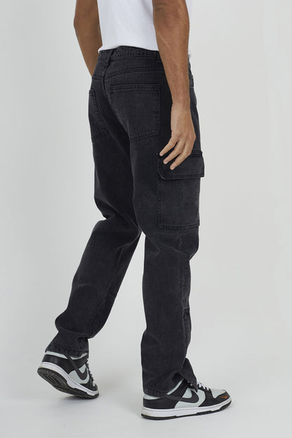 Brave Soul Charcoal Cargo Style Denim Jeans With Side Hem Split Detail - Charcoal Image 2