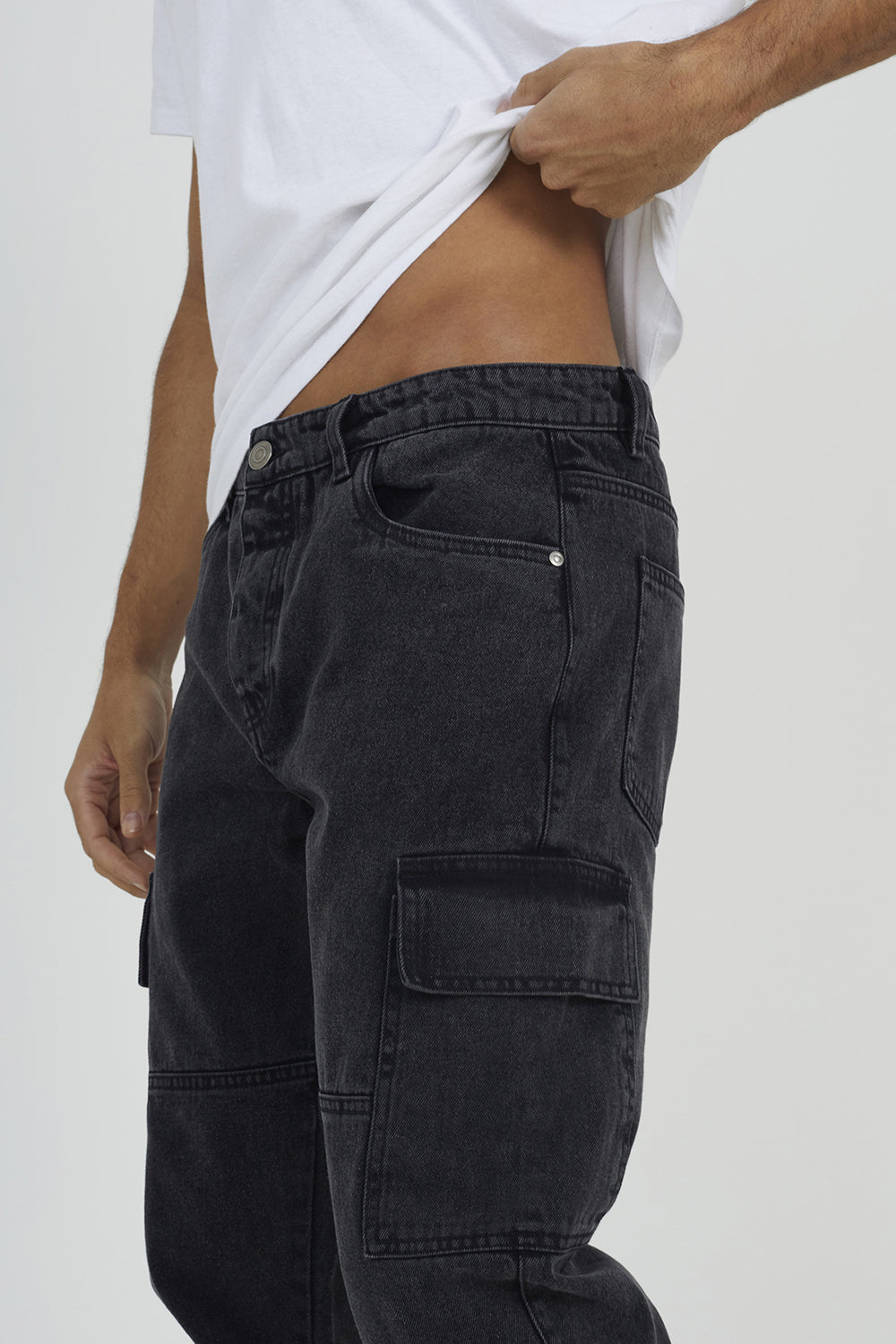 Brave Soul Charcoal Cargo Style Denim Jeans With Side Hem Split Detail - Charcoal Image 4