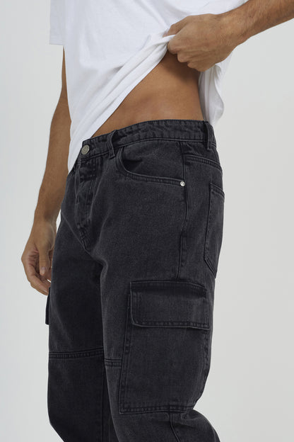 Brave Soul Charcoal Cargo Style Denim Jeans With Side Hem Split Detail - Charcoal Image 4
