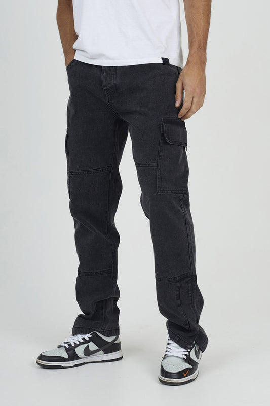 Brave Soul Charcoal Cargo Style Denim Jeans With Side Hem Split Detail - Charcoal Image 1