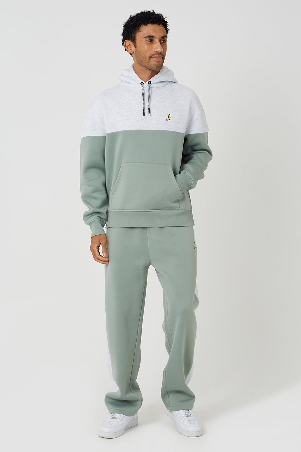 Brave Soul Ecru Relaxed Fit Colourblock Hoodie & Wide Leg Jogger Co-Ord - Ecru Image 1