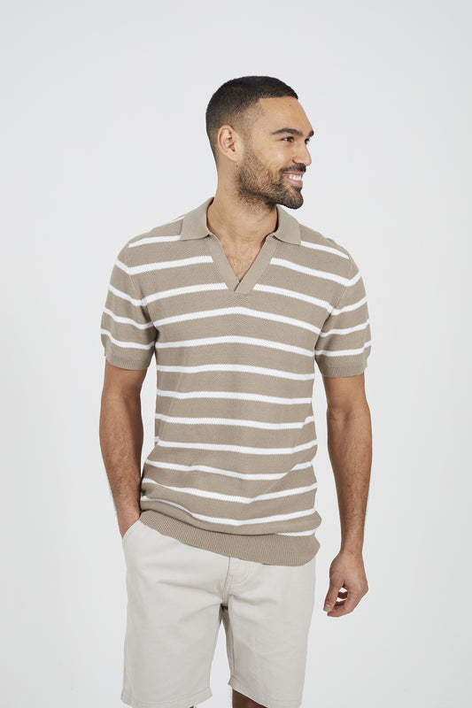 Brave Soul Stone Short Sleeve Knitted Polo Shirt - Stone Image 1