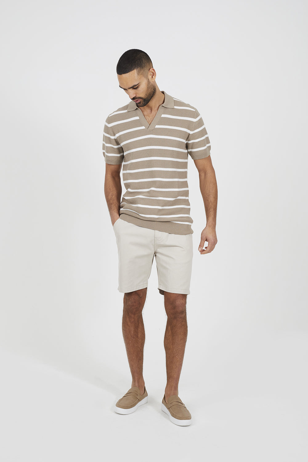 Brave Soul Stone Short Sleeve Knitted Polo Shirt - Stone Image 3