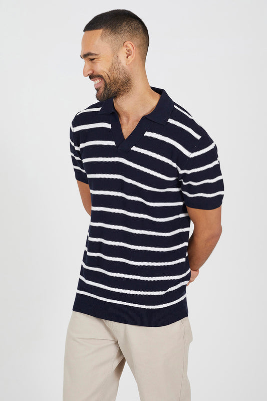 Brave Soul Navy Collared Jacquared Polo Shirt - Navy Image 1
