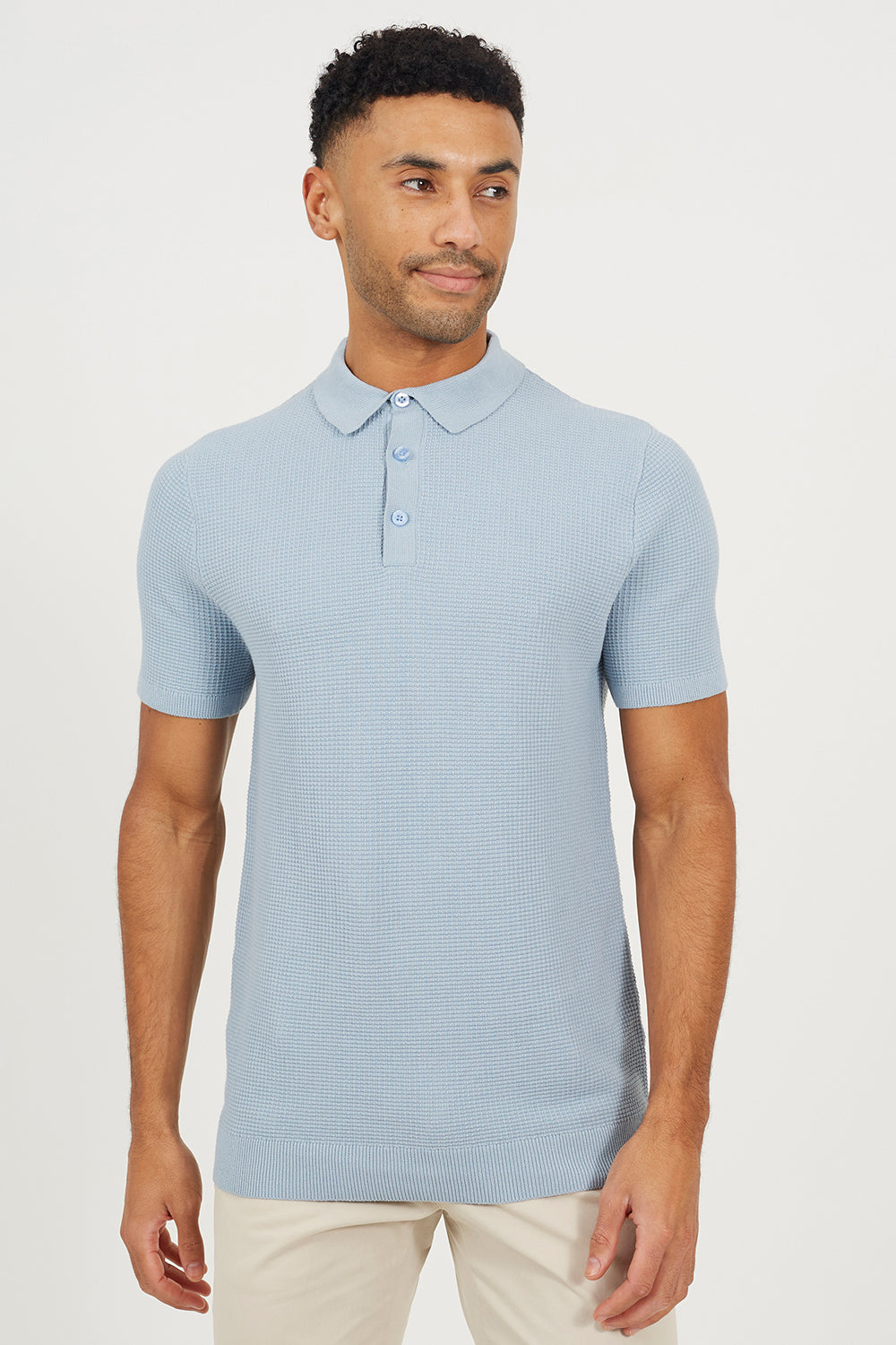 Brave Soul Baby Blue Short Sleeve Knitted Polo Shirt - Baby Blue Image 1