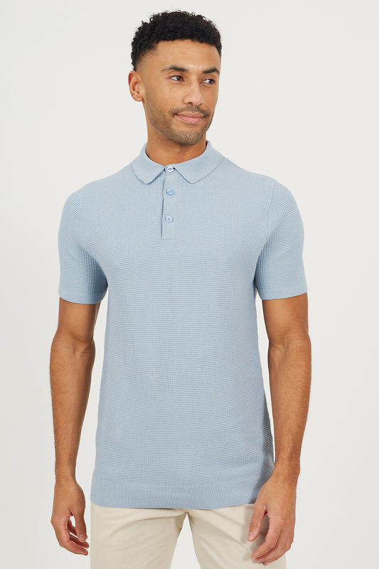 Brave Soul Baby Blue Short Sleeve Knitted Polo Shirt - Baby Blue Image 1