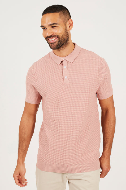 Brave Soul Dusty Pink Short Sleeve Knitted Polo Shirt - Dusty Pink Image 1